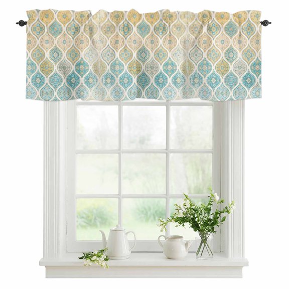 Teal Yellow Boho Geometric Valances for Windows, Rod Pocket Kitchen Valance Curtains - Soft & Washable Small Window Treatment for Living Room, Bathroom, Bohemian Morocco Pattern 42x12inch, 1 Panel