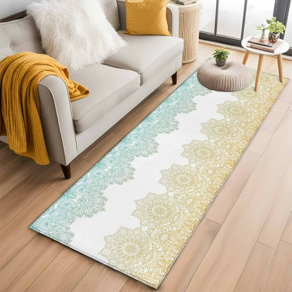 Teal Yellow Boho Kitchen Runner Rug 2x6 Washable Runners for Hallway Non Slip Vintage Ethnic Tribe Abstract Art Large Area Rug Indoor Floor Carpet for Bathroom Laundry Entryway Bedroom Living Room