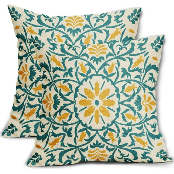 Teal Yellow Boho Pillow Covers 20 X Inch Bohemian Ethnic Carpet Style Vintage Flower Print Decorative Throw Pillows Outdoor Linen Square Cushion Case Farmhouse Decor Set of 2