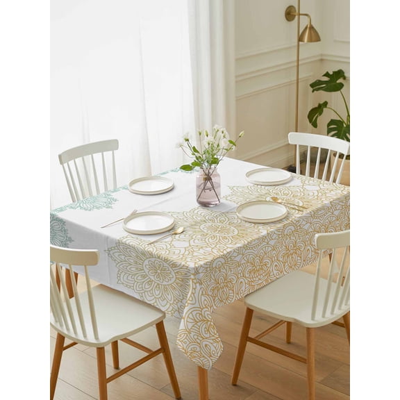 Teal Yellow Boho Tablecloth Rectangle Table Cloth 52x70, Waterproof Tablecloth Outdoor Table Cloth, Vintage Ethnic Tribe Abstract Art Washable Table Cover for Kitchen Dinning Party