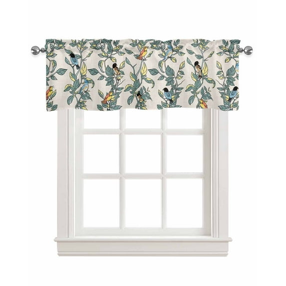 Teal Yellow Botanical Linen Curtain Valance for Bedroom/Bathroom/Kitchen/Living/Dining Room Window,Rustic Spring Floral Summer Botanical Birds Rod Pocket Topper Decorative Cafe Drapes Panel 42x12