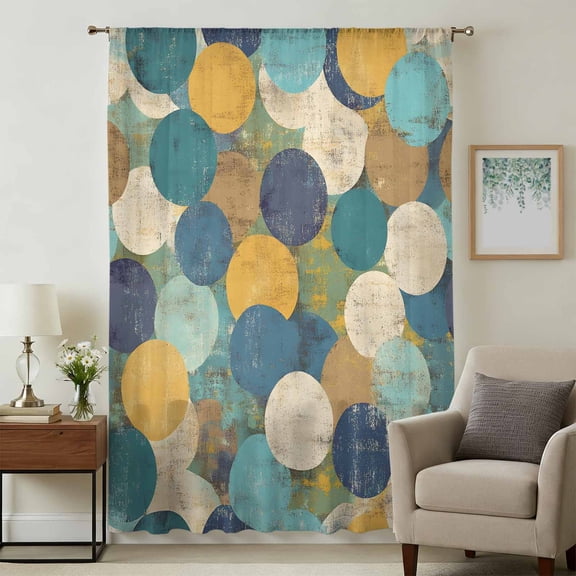 Teal Yellow Circle Sheer Curtains 45 Inches Long, Geometric Abstract Art Light Filering Curtains, Breathable Simi Curtain Privacy Drapes for Kitchen Bathroom Lightweight Small Window Treatment