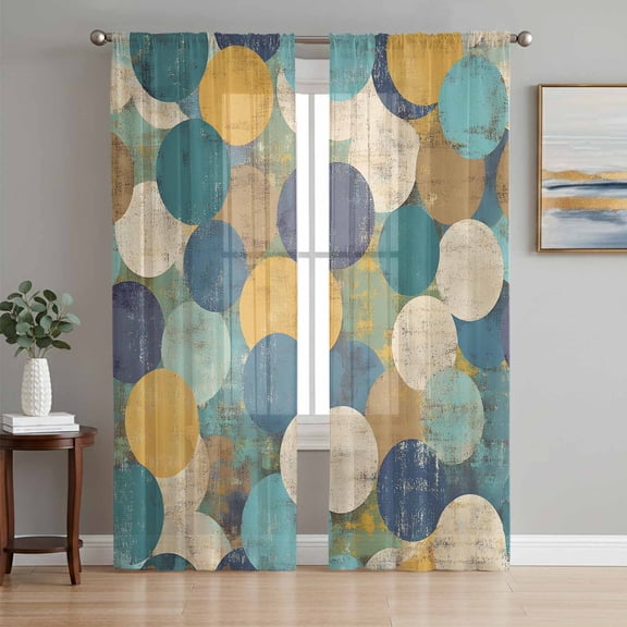 Teal Yellow Circle Sheer Curtains 63 Inch Length 2 Panels Set, Geometric Abstract Art Voile Window Treatment Rod Pocket Curtains Sheers Drapes for Bedroom/Living Room/Kitchen 52x"63"x2