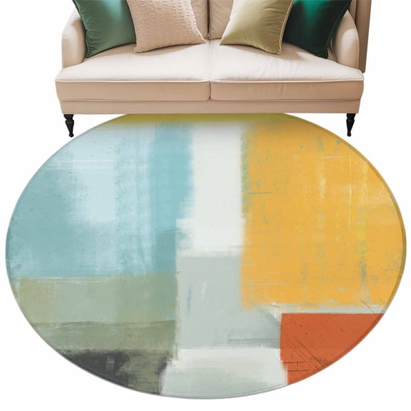 Teal Yellow Large Area Rugs for Bedroom Living Room, Soft Non Slip Carpet Bedside Rug, Orange Oil Painting Modern Abstract Geometric Round Floor Cover Kitchen Accent Rug 6' for Dining Room/Office