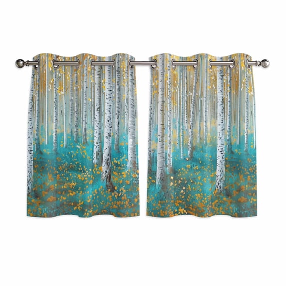 Teal Yellow Oil Painting Kitchen Curtains Short 45 Inch Length, Contemporary Abstract Art Grommet Top Bedroom Living Room Curtains, Light Filtering Cafe Curtain Drapes 2 Panels Set 84''x45''
