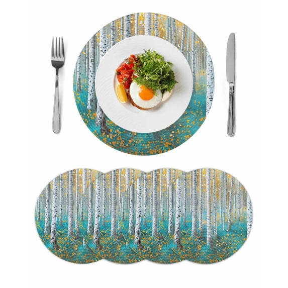 Teal Yellow Oil Painting Round 15 Inch Placemats Set of 4, Contemporary Abstract Art HeatResistant Non Slip Place Mats for Dining Table, Wipeable Braided Kitchen Table Mats for Housewarming