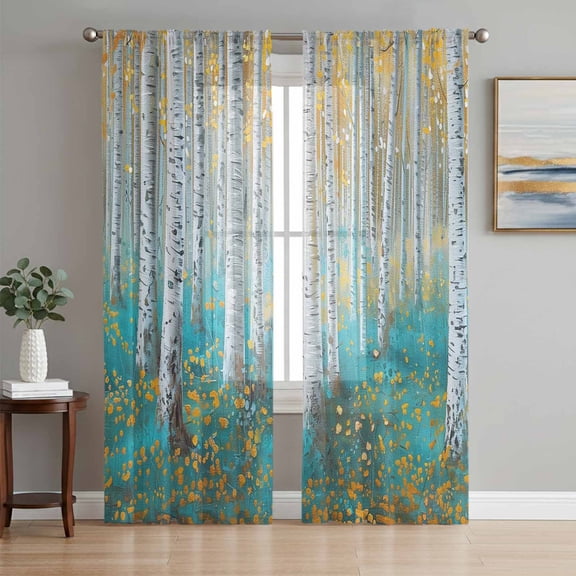 Teal Yellow Oil Painting Semi Sheer Window Curtains 108 Inches Long, Contemporary Abstract Art Rod Pocket Voile Silky Chiffon Curtain Light Filtering Drapes for Living Room, 52"x108", 2 Panels