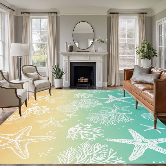 Teal Yellow Ombre Coastal Area Rug 5x7 Washable Rug Non Slip Sea Nautical Summer Beach Starfish Coral Large Area Rug Soft Stainresistant Indoor Floor Carpet for Bedroom Home Office Dining Room