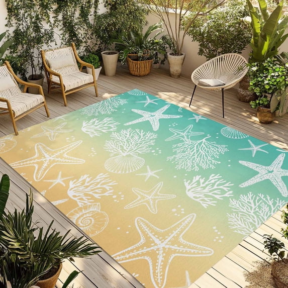 Teal Yellow Ombre Coastal Outdoor Rug 3x5 Ft - Reversible Patio Rug Outdoor Camping Rugs, Sea Nautical Summer Beach Starfish Coral Indoor Outdoor Area Rugs, Non-Slip Outdoor Carpet for Deck/Porch
