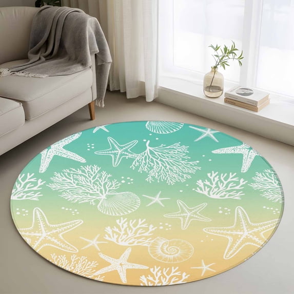 Teal Yellow Ombre Coastal Round Area Rug 4Ft Washable Circle Rugs for Bedroom Dining Room, Sea Nautical Summer Beach Starfish Coral Non-Slip Carpet Floor Mats Indoor Outdoor Carpet Runner Home Decor