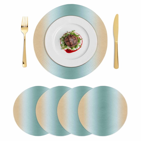 Teal Yellow Ombre Round 13 Inch Placemats Set of 4, Farmhouse Modern Gradient Art HeatResistant Non Slip Place Mats for Dining Table, Wipeable Braided Kitchen Table Mats for Housewarming