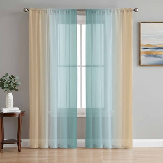 Teal Yellow Ombre Sheer Curtains 96 Inch Length 2 Panels Set Window Treatments, Farmhouse Modern Gradient Art Rod Pocket Semi Curtains for Living Room/Bedroom/Kitchen Décor, 104"W x 96"L
