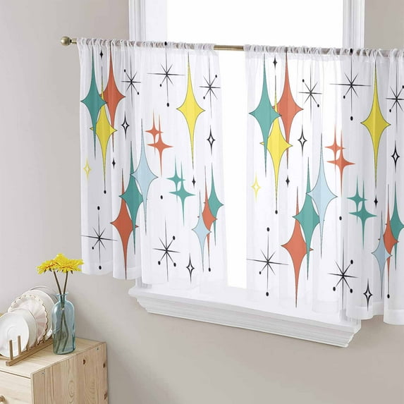 Teal Yellow Orange Boho Sheer Curtains 54 Inches Length 2 Panels Set, Window Sheer Curtains for Living Room/Bedroom, Middle Century Star Rhombus Light Filtering Rod Pocket Curtain 52'' x 54'' x 2