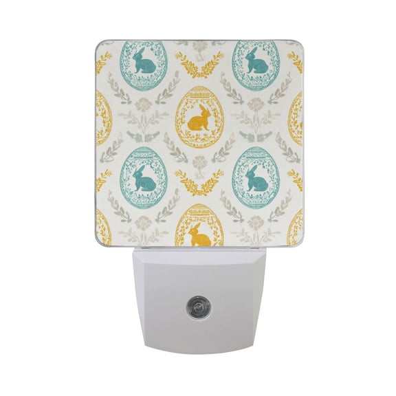 Teal Yellow Rabbits Inside Easter Eggs LED Night Light Sensor Lamp Plug-in Adjustable Brightness 2 Pack