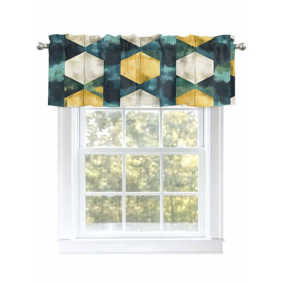Teal Yellow Rhombus Curtain Valances for Windows, Geometric Abstract Art Kitchen Valance Window Treatment, Light Filtering Block Curtains for Bathroom/Bedroom/Living Room 60'' x 18''