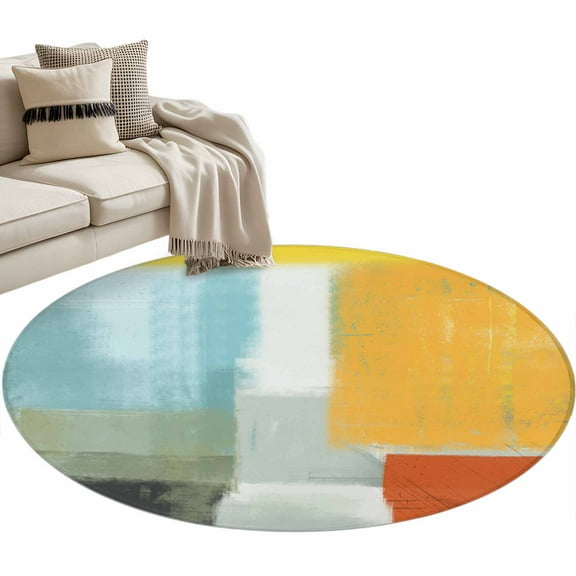 Teal Yellow Round Area Rug 4ft, Orange Oil Painting Modern Abstract Geometric Washable Non-Slip Circle Rugs for Bedroom Living Room Kitchen, Soft Non Shedding Circle Carpet for Dining Room Dorm