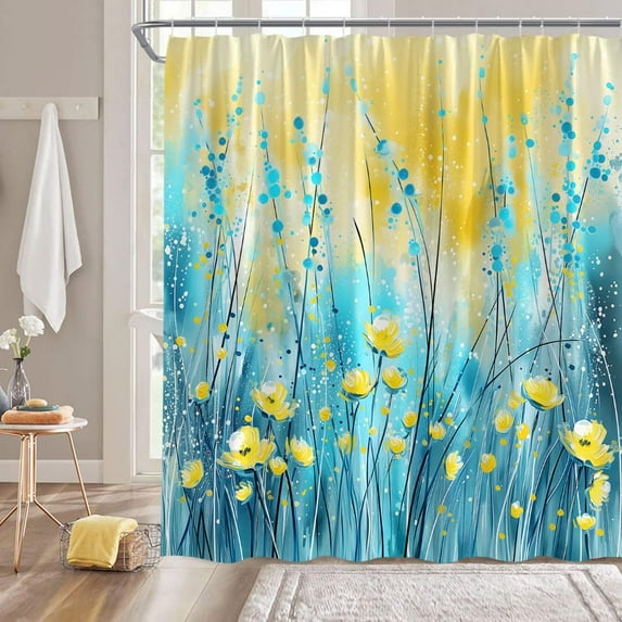 Teal Yellow Shower Curtain Modern Blue Teal Yellow Abstract Floral Brushstrokes Painting Art Fabric Bathroom Curtain with Hooks