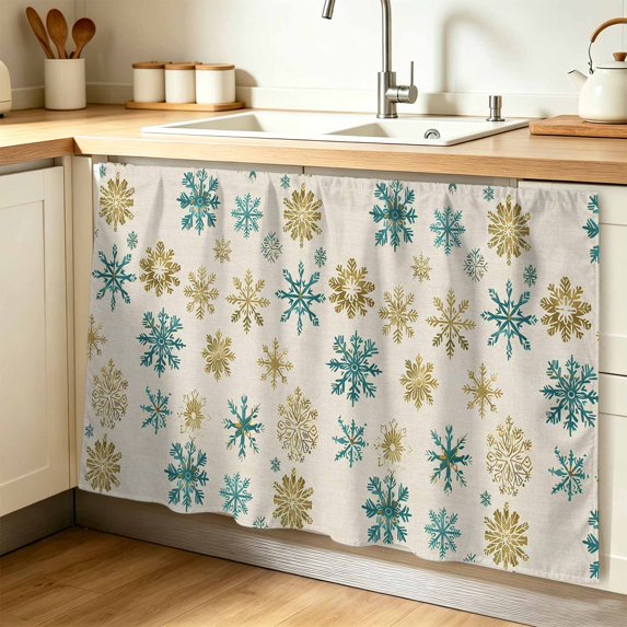 Teal Yellow Snowflake Christmas Cabinet Curtain 32"Wx55"L,Dustproof Pantry Door Curtain W/ Self Adhesive Tape,Xmas Snowflake Rustic Tall Storage Cover Privacy Drape for Bathroom Kitchen Laundry Room