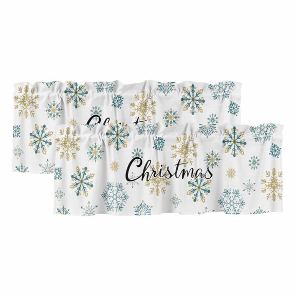 Teal Yellow Snowflake Christmas Curtain Valances for Windows, Kitchen Valance Window Treatments Panel 2 Pack, Xmas Snowflake Rod Pocket Short Curtains for Bathroom Bedroom 42 x 18 Inch