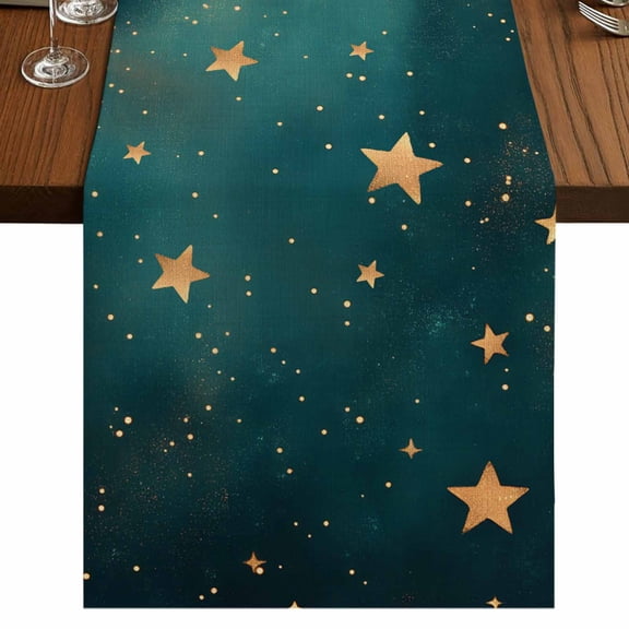 Teal Yellow Star 36 Inch Table Runner, Elegant Sky Star Art Farmhouse Dresser Scarf Cotton & Linen Tablerunner for Dining/Kitchen Island/Holiday Party Décor Small 13" x 36"