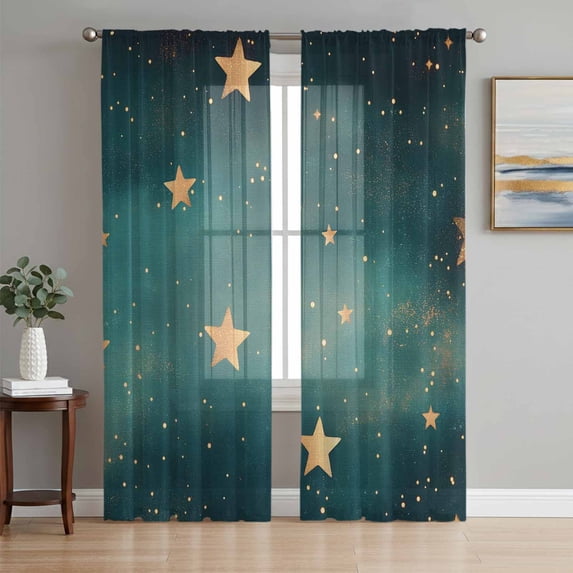 Teal Yellow Star Sheer Curtains 72 Inch Length 2 Panels Set, Elegant Sky Star Art Voile Window Treatment Rod Pocket Curtains Sheers Drapes for Bedroom/Living Room/Kitchen 52"x72"x2
