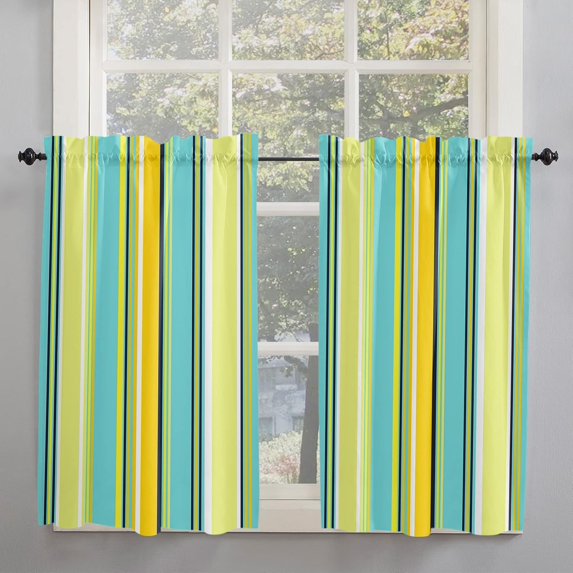 Teal Yellow Striped Window Short Curtains 63 Inch Length, White Stripes Modern Abstract Art Rod Pocket Window Treatment Kitchen Drapes for Bedroom, Cafe, Living Room, 2 Panels, 52 W x 63 L
