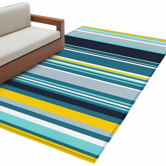 Teal Yellow Stripes Area Rug 3x5ft Lines Art Non-Slip Washable Square Rugs Soft Felt Indoor Floor Mat for Bedroom Kitchen Living Room Bathroom
