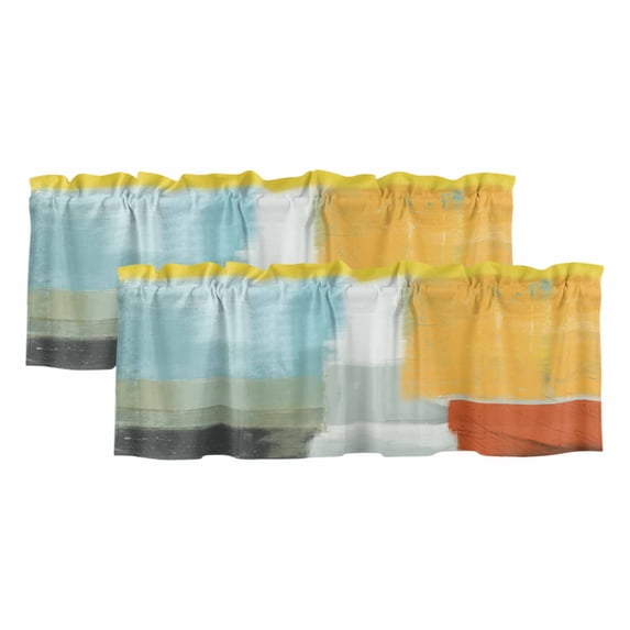 Teal Yellow Valances for Windows, Orange Oil Painting Modern Abstract Geometric Light Filtering Kitchen Curtains, Rod Pocket Window Valance Curtains for Living Room Bedroom, 60" W x 18" L, 2 Panels