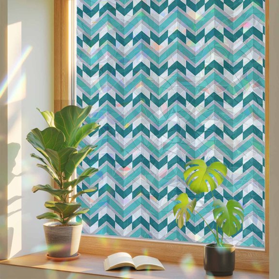Teal Zigzag Chevron Abstract Geometric Window Privacy Film, Rainbow Film Decorative Window Sticker 17.7x39.3in, Watercolor Minimal Art Sun Blocking Static Stained Glass Cling Tint Non-Adhesive