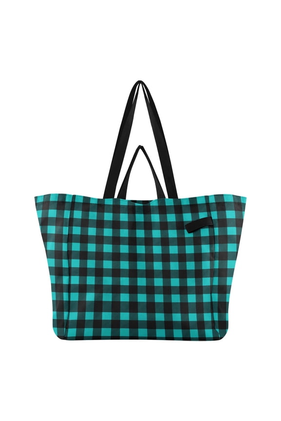 Teal and Black Color Checkerboard Foldable Canvas Tote Bags Reusable Grocery Bags Laundry Bags Beach Bag 32L