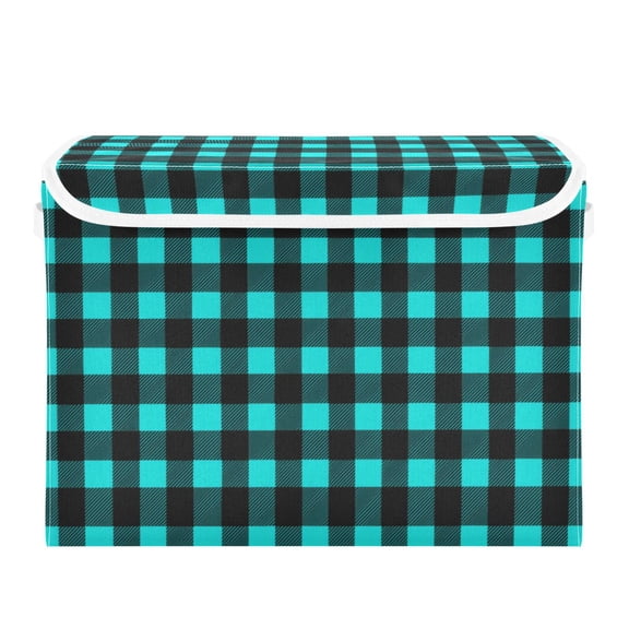 Teal and Black Color Checkerboard Foldable Storage Bins with Lids Handles Collapsible Storage Containers Tote Boxes 16.5 x 12.6 x 11.8 inches