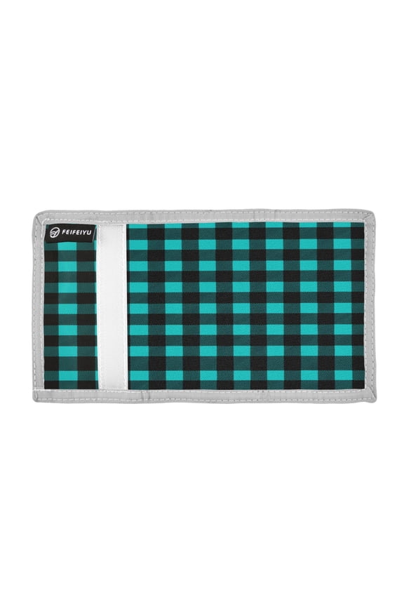 Teal and Black Color Checkerboard Trifold Wallets Card Holders Coin Pockets with Lanyards Portable Unisex