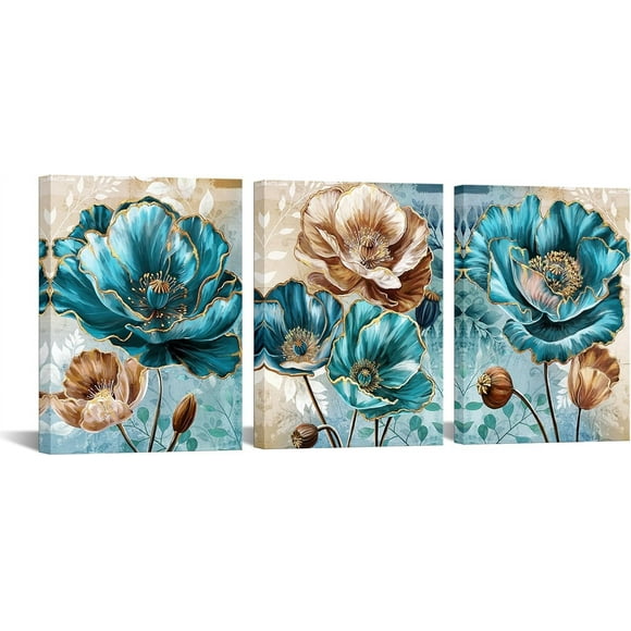 Teal and Brown Wall Decor Turquoise Flower Canvas Art Painting Modern Abstract Floral Picture Artwork Bathroom Decor Framed (Small)