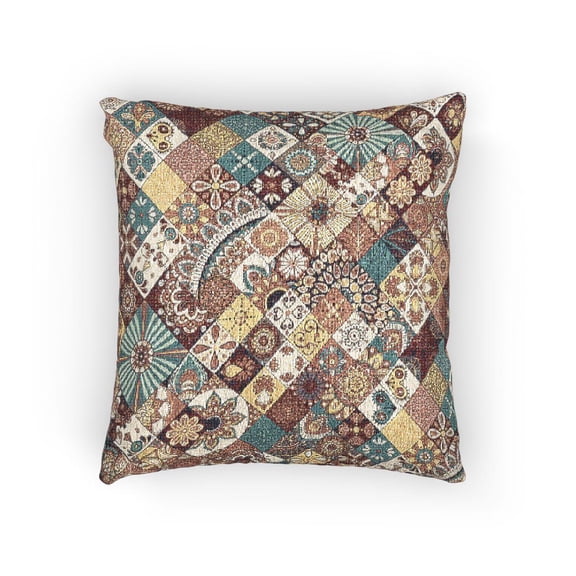 Teal and Burgundy Patchwork Floral Paisley Decorative Woven Pillow, Cotton-Polyester Shell, Bohemian Style