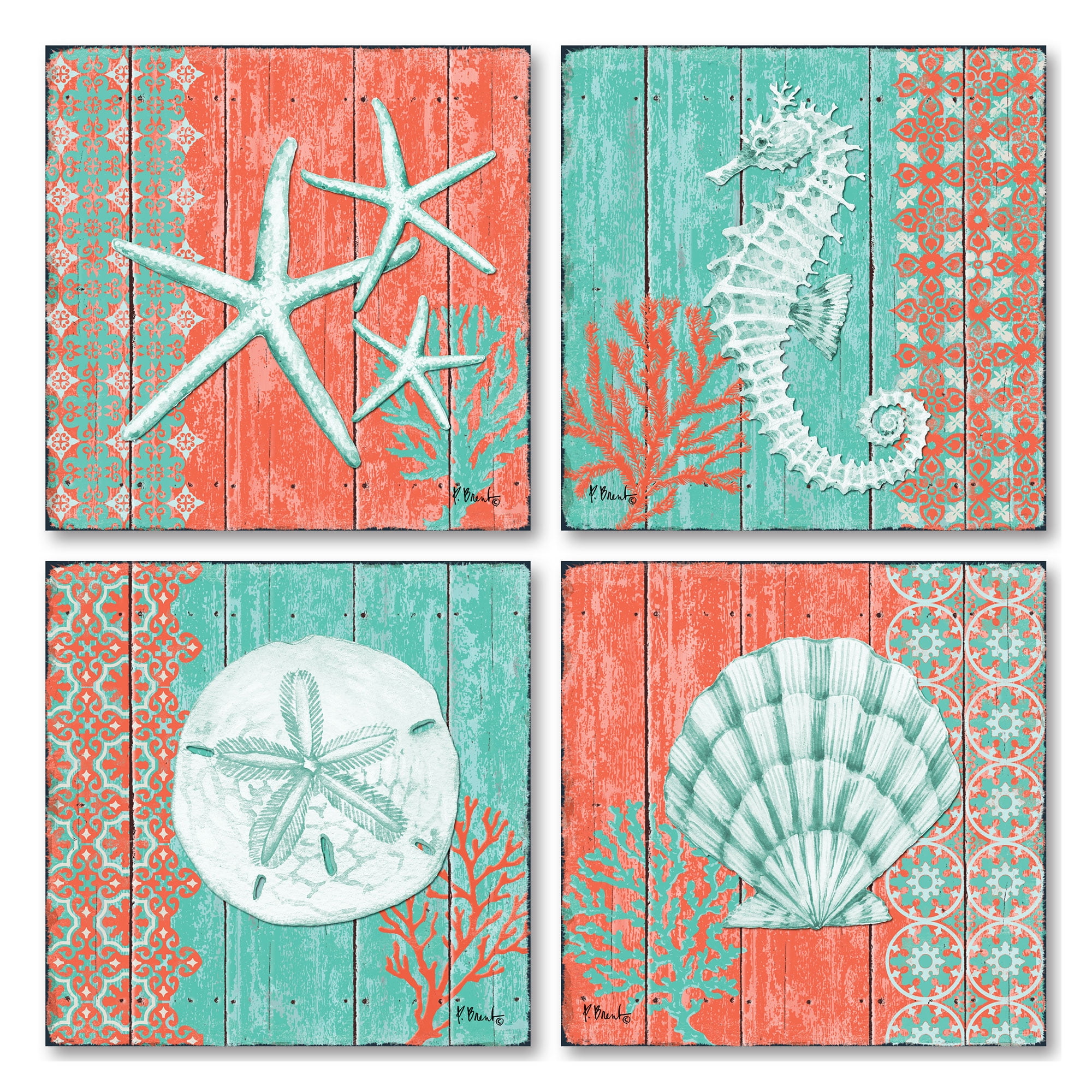 Teal and Coral Coastal Sea Life Art Prints Set of 4
