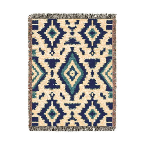 Teal and Cream Geometric Ikat Woven Blanket, 100% Cotton, Southwestern Style for Living Room or Bedroom