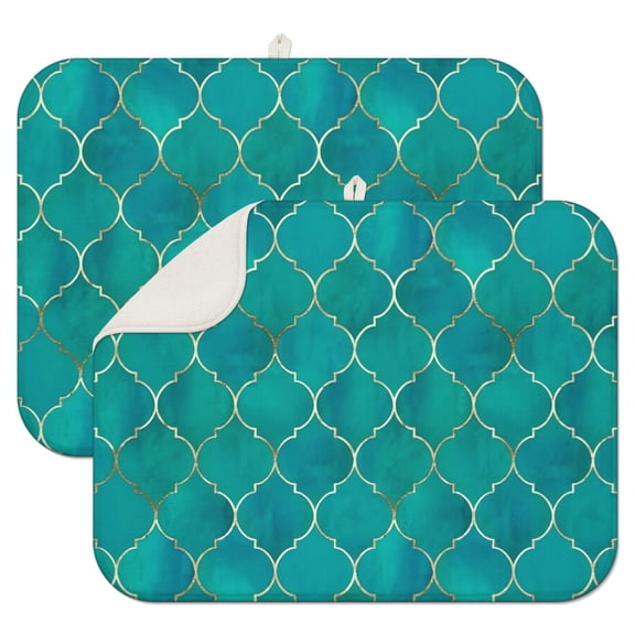 Teal and Gold Geometric Lattice Pattern Dish Drying Mat for Kitchen 1 Pack, Ultra Absorbent Microfiber Dishes Drainer Mats,18"x24"