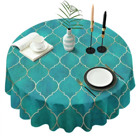 Teal and Gold Geometric Lattice Pattern Round Tablecloth 60"x60",Wrinkle Wipeable Table Cloth for Kitchen Dining Room Picnic Patio Party