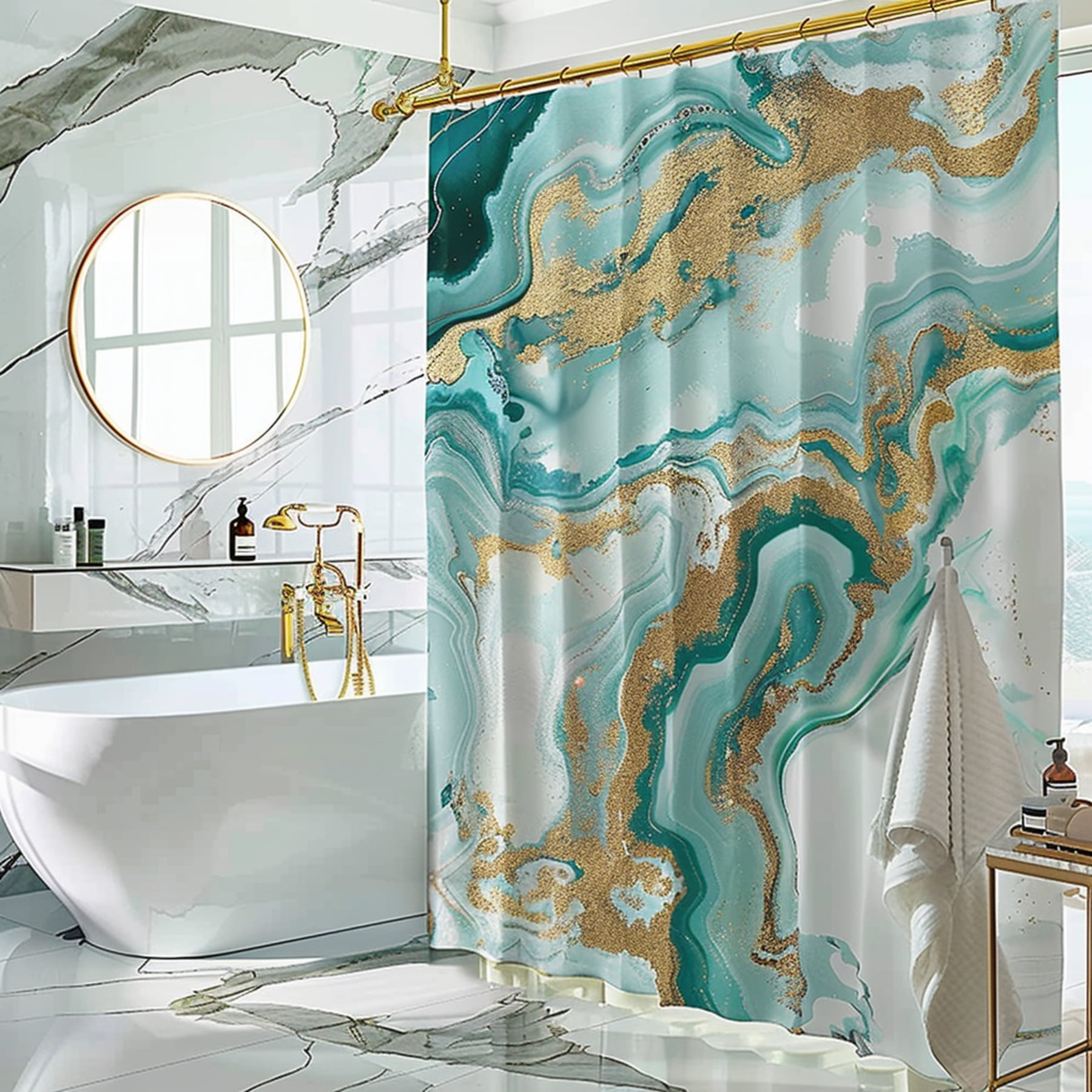 Teal and Gold Marble Print Shower Curtain Set Modern Style Bathroom Decor with White Background