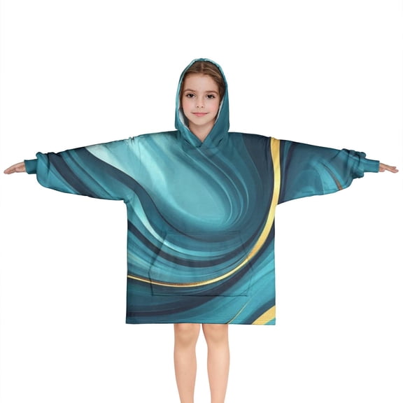 Teal and Gold Marble Splatter Pattern Blanket Hoodies for Kids 6-13YR Oversize Wearable Blanket Hoodies for Boys Girls Teens