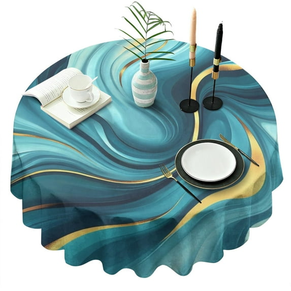 Teal and Gold Marble Splatter Pattern Round Tablecloth 60"x60",Wrinkle Wipeable Table Cloth for Kitchen Dining Room Picnic Patio Party