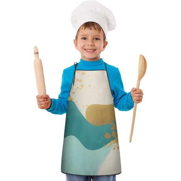 Teal and Gold Marble Wavy Lines Pattern Kids Aprons for Girls and Boys,Adjustable Neck Strap Toddler Aprons for Kids Cooking Baking