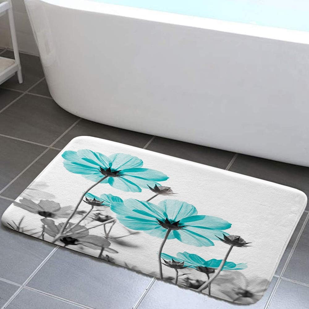 Teal and Gray Daisy Flower Floral Bath Mat for Bathroom Decor, Elegant Wildflower Design Farmhouse Bathroom Rugs, 17X48in