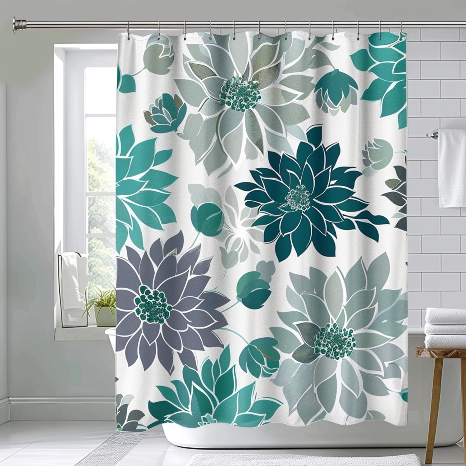 Teal and Gray Floral Dahlia Shower Curtain Modern Bathroom Decor White