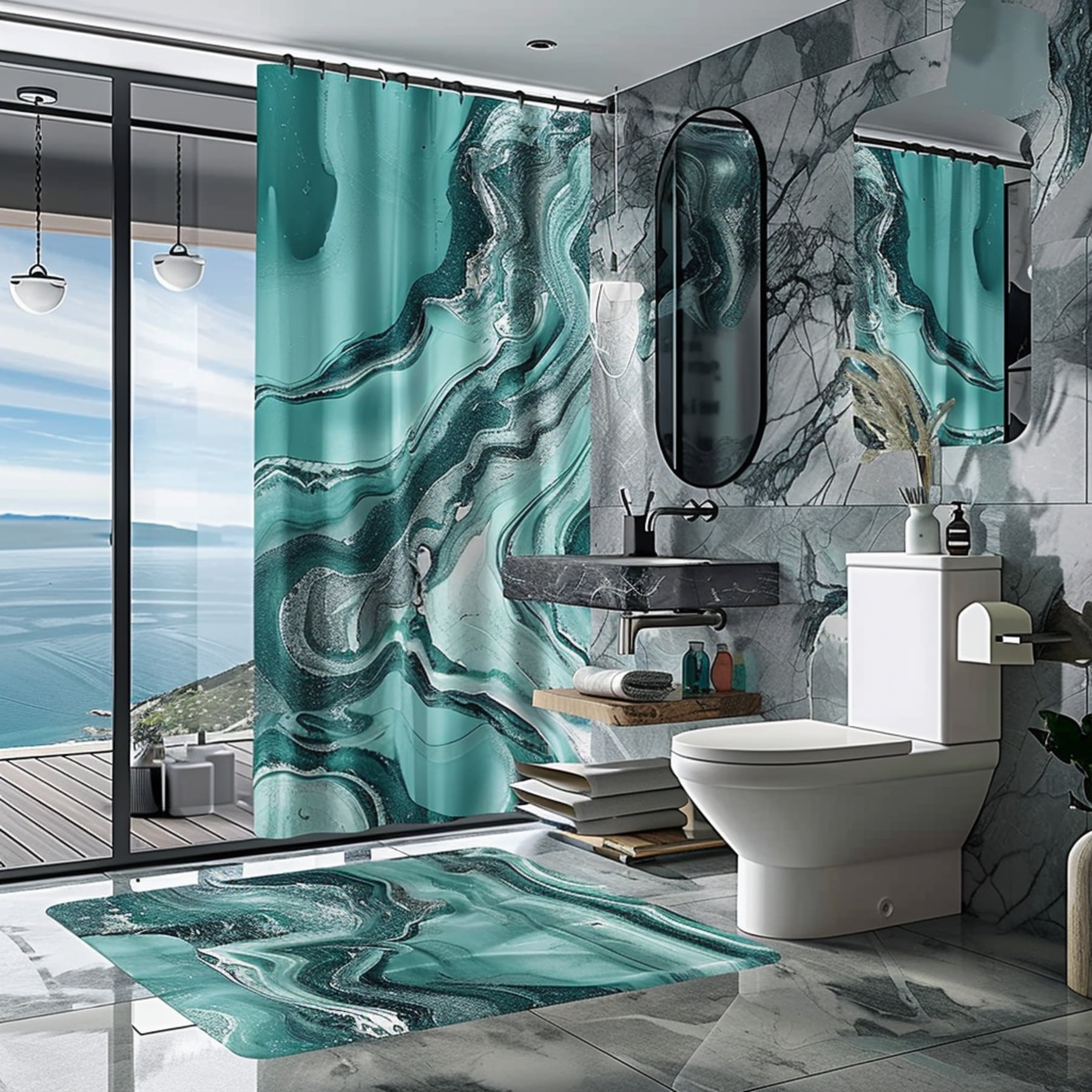 Teal and Grey Marble Print Shower Curtain Modern Contemporary Design Heavy Textured Ocean View