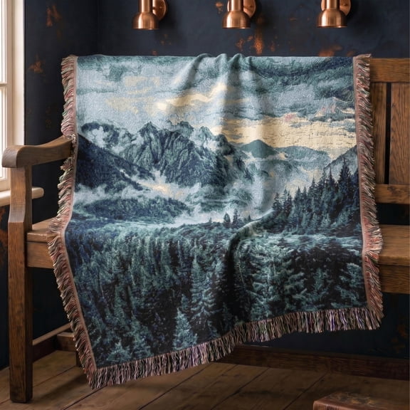 Teal and Navy Misty Mountain Pine Forest Woven Throw Blanket, 100% Cotton, Fringed Edges, Living Room Decor