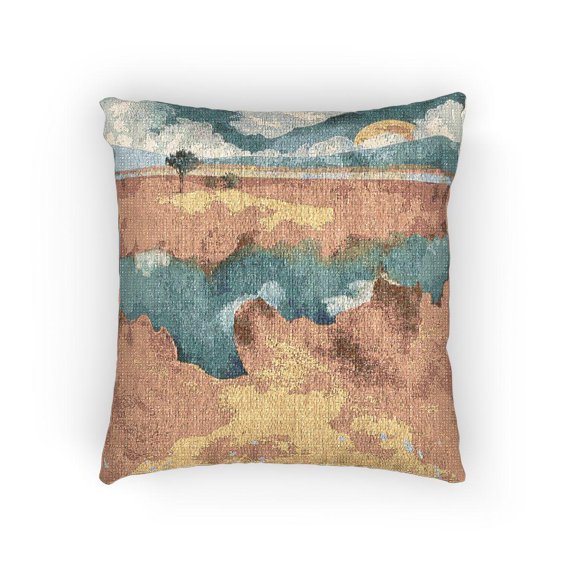 Teal and Ochre Desert Sunrise Landscape Woven Pillow, 17 x 18 in, 58% Cotton and 42% Polyester Shell, Mountain Cloud Motif