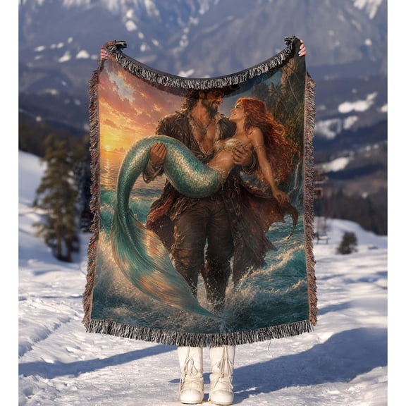 Teal and Orange Mermaid Rescue Fantasy Woven Blanket, 100% Cotton, Romantic Ocean Sunset Scene