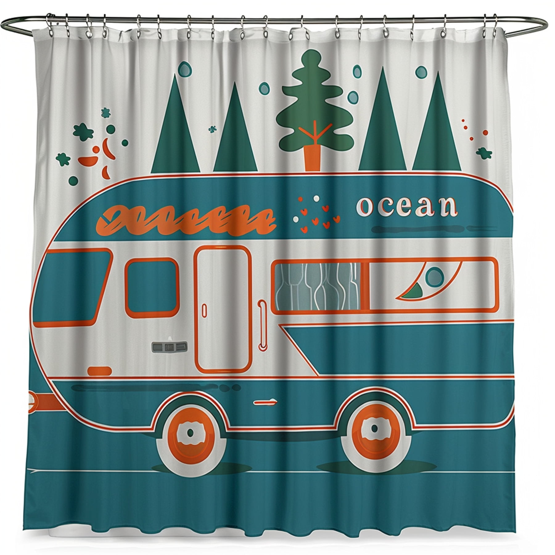 Teal and Orange Retro Camper Shower Curtain with Trees Modern Design