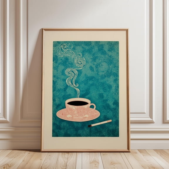 Teal and Pink Coffee Cup Stylized Illustration Kitchen Wall Decor, Unframed Canvas 8x10in